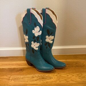 Floral Embroidered Teal Cowboy Boots